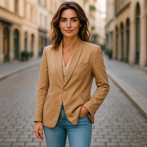 Korean Women’s Tailored  Time Post Modern Blazer Business Casual Minimalist Tan - Picture 1 of 14